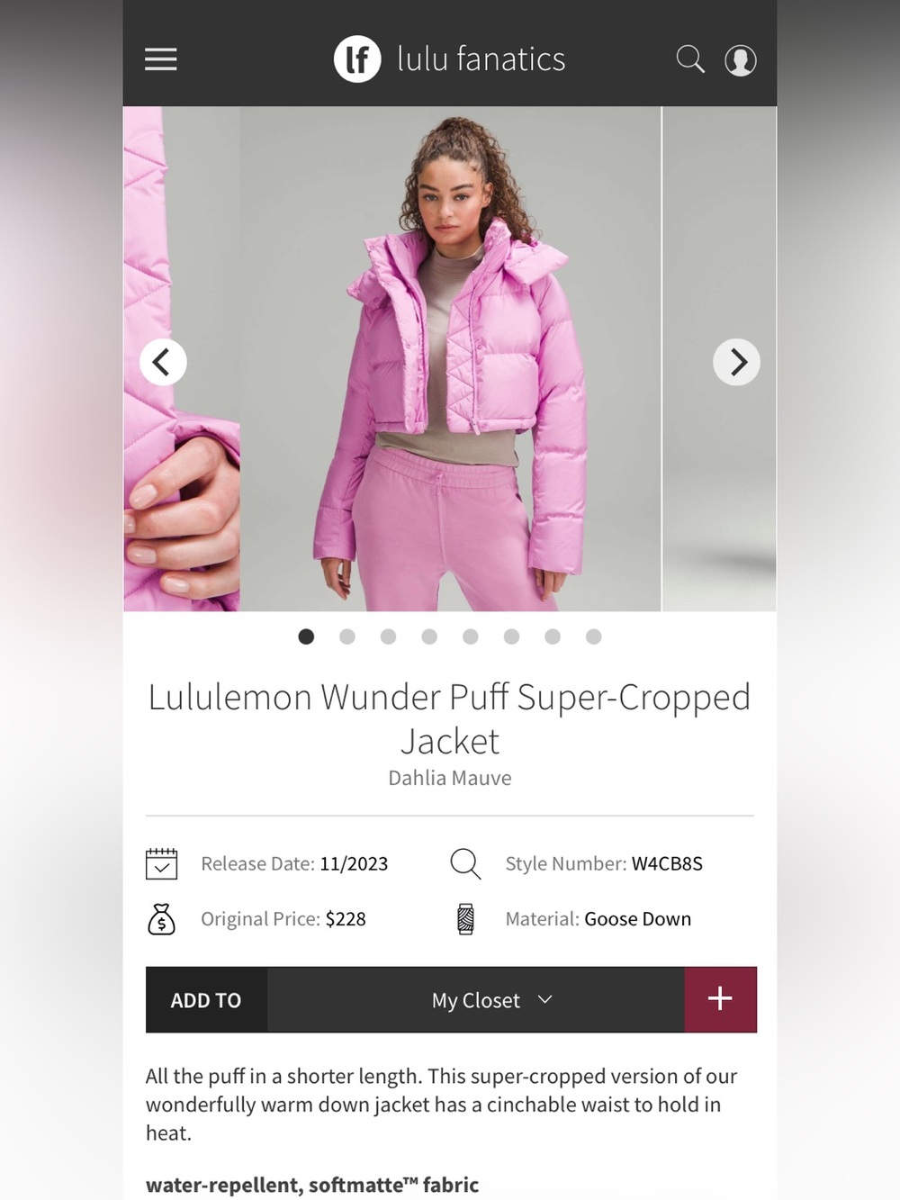 like new lululemon wunder puff super cropped jacket